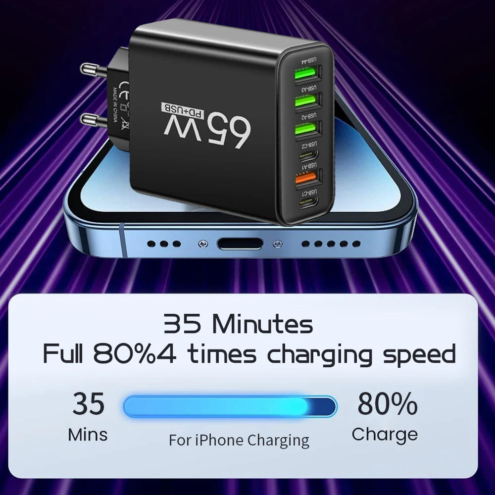 Multi Ports 65W USB Charger Fast Charging Type C Phone Charger Adapter For iPhone Samsung Xiaomi Huawei EU/US Plug Wall Charger