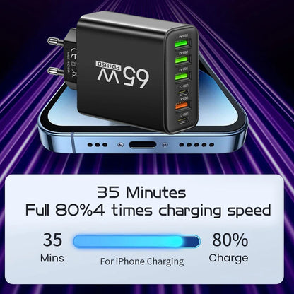 Multi Ports 65W USB Charger Fast Charging Type C Phone Charger Adapter For iPhone Samsung Xiaomi Huawei EU/US Plug Wall Charger