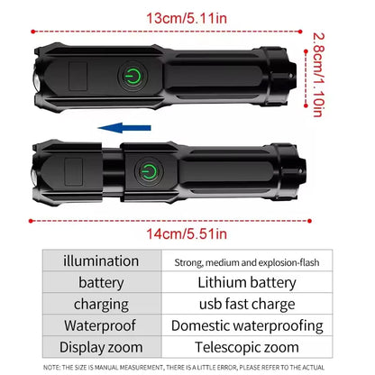 Rechargeable USB Powerful LED Flashlight 10000 Lumen Waterproof Zoom Tactical Flashlight for Fishing Hunting Camping
