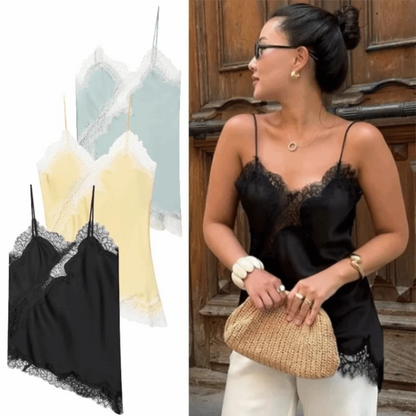 Elegant Asymmetrical Lace Lace Patchwork Top Sleeveless Backless Camisole Tops V Neck Sexy Lace Women tank top Summer Wear