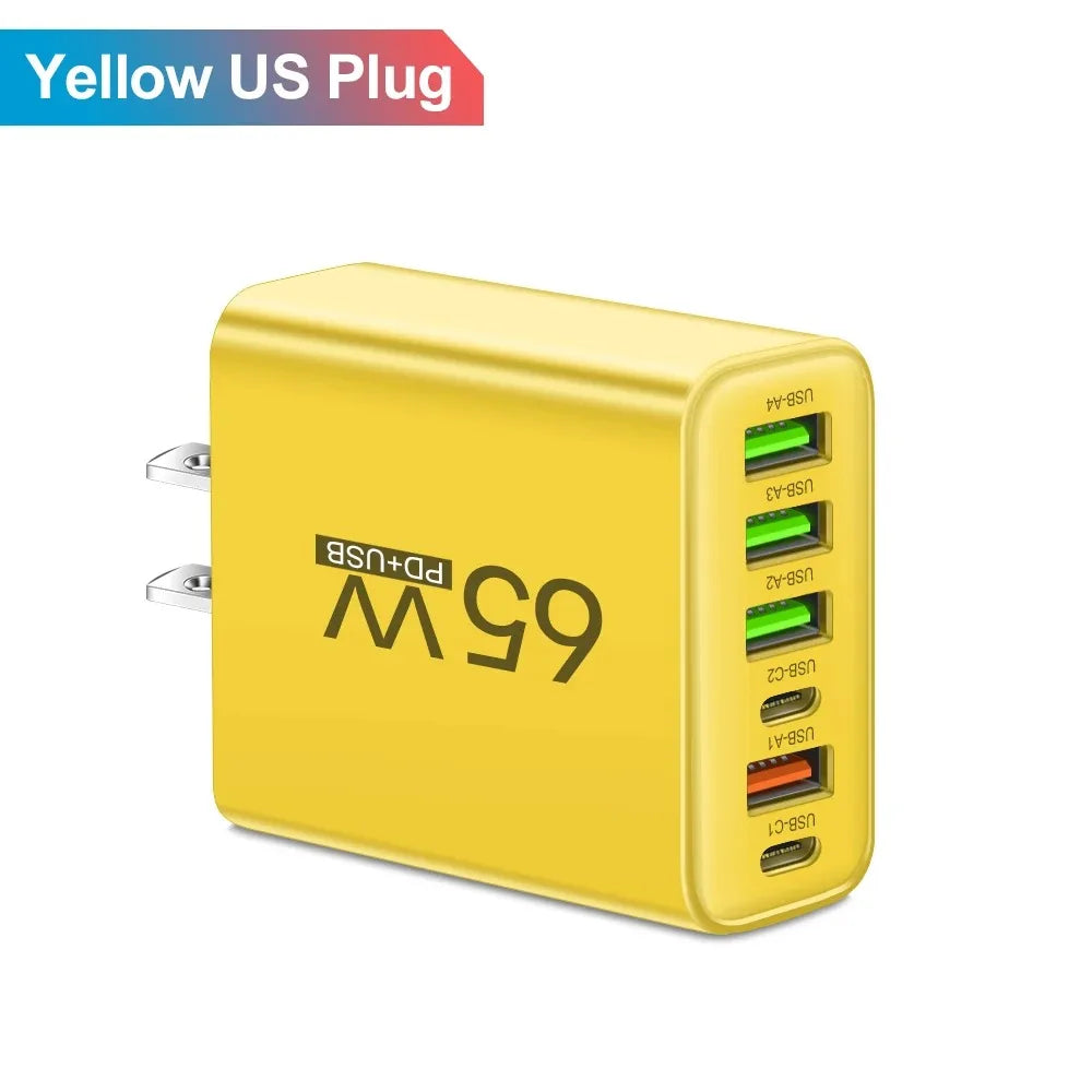 Multi Ports 65W USB Charger Fast Charging Type C Phone Charger Adapter For iPhone Samsung Xiaomi Huawei EU/US Plug Wall Charger