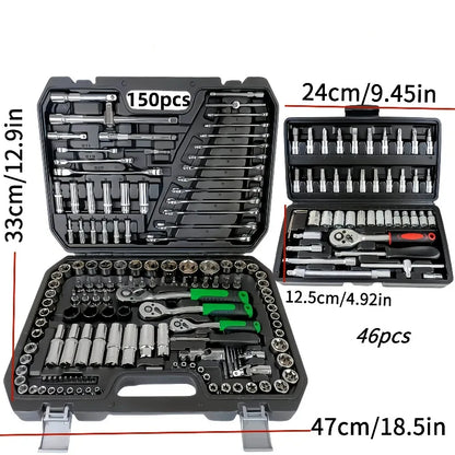 150/46Pcs Premium Heavy Duty CR-V Socket Wrench Ratchet Set, Multifunctional Auto Mechanical Repair Tool Kit with Storage Case